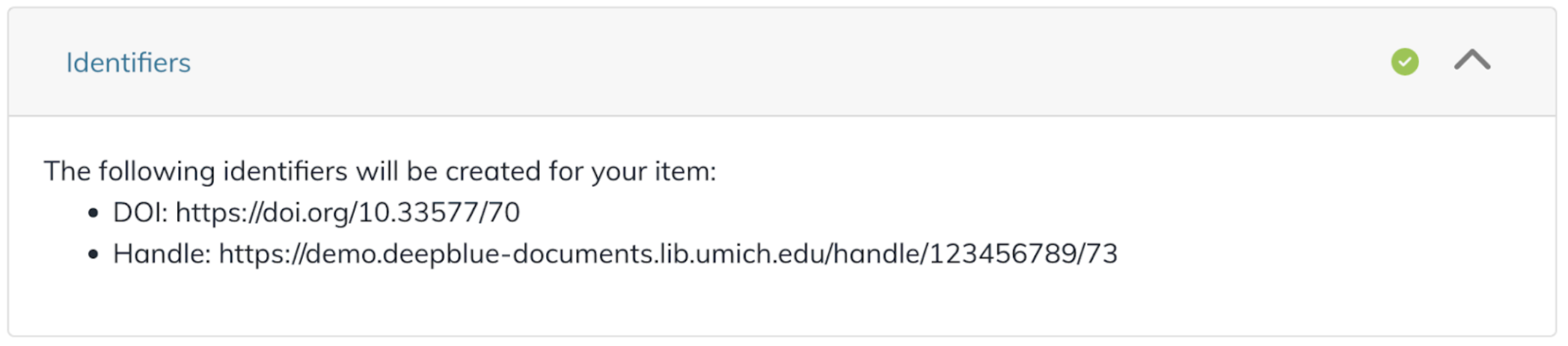 Deep Blue Documents New Deposit page showing the DOI and handle generated.