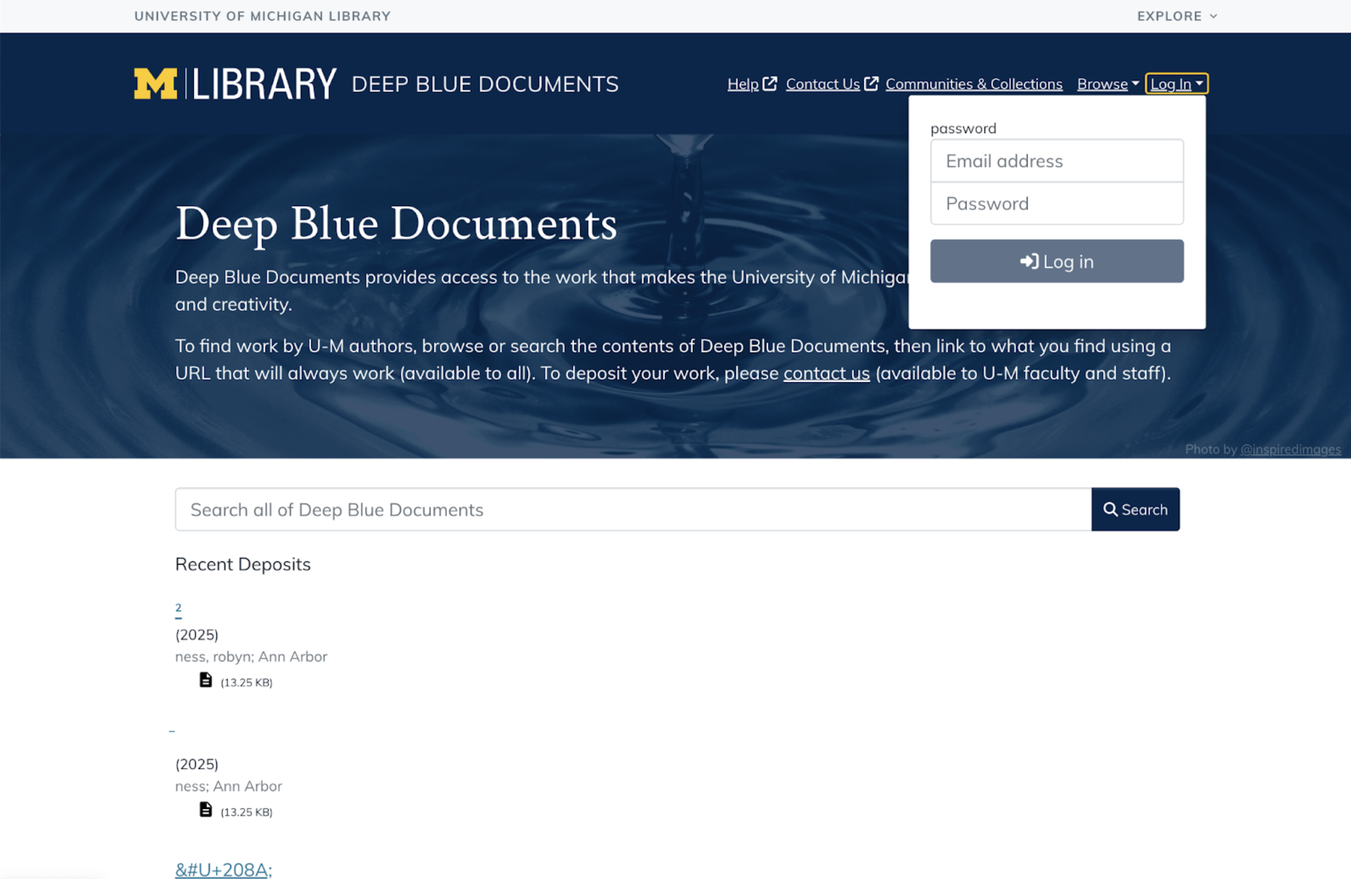 Deep Blue Documents homepage with the 'Login' in the upper right corner of the menu.