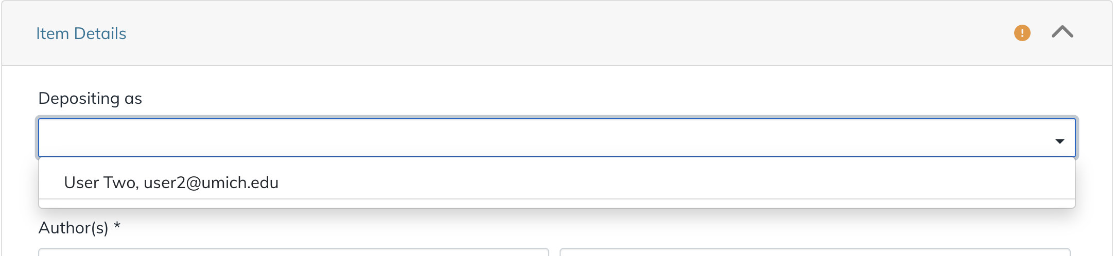 Deep Blue Documents Deposit page showing 'Depositing As' dropdown.