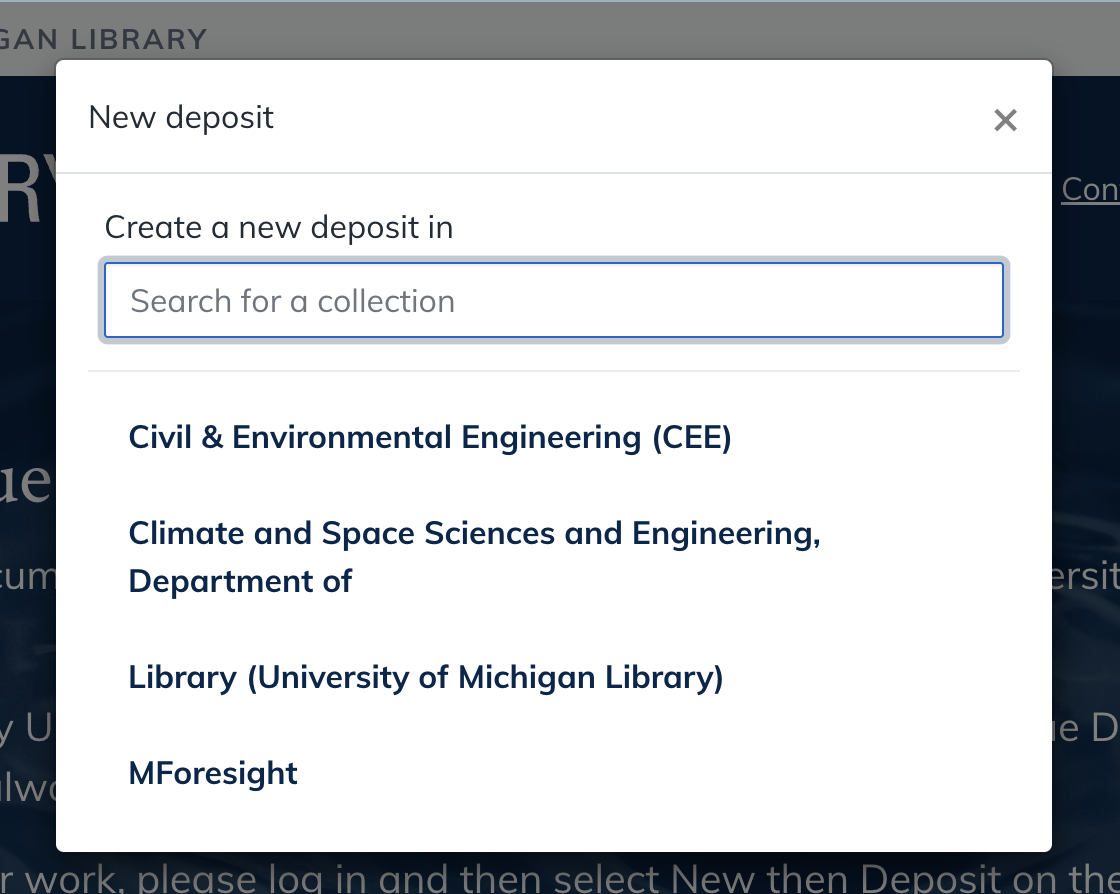 Deep Blue Documents pop-up window showing a list of available Collections to choose from.