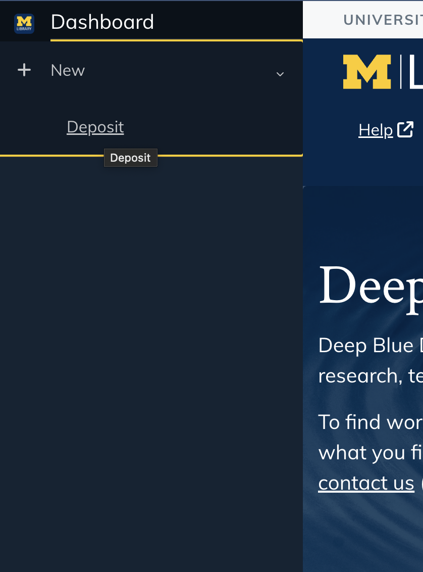 Deep Blue Documents dashboard sidebar expanded and 'Deposit' selected under the '+ New' section.